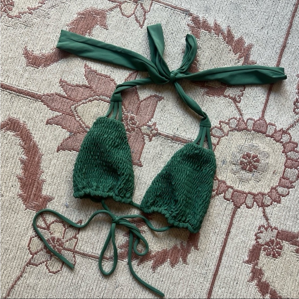 Tori Paver green ruched triangle bikini top.